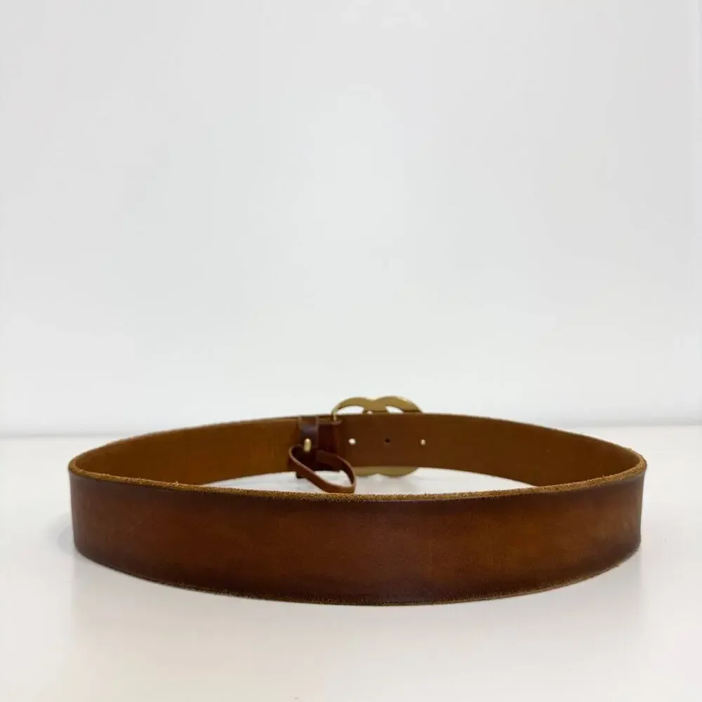GUCCI Brown Leather Gold Belt GG Marmont Wide Calfskin Adjustable Size 85